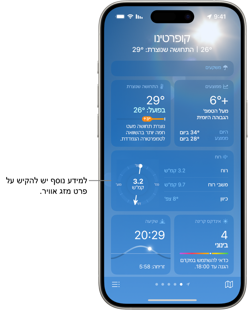 המסך של ״מזג אוויר״ מציג את המיקום למעלה, ומתחתיו את הטמפרטורה ואת תנאי מזג האוויר עכשיו. שאר המסך מכיל פרטי מזג האוויר לגבי האלמנטים הבאים: איכות האוויר, משקעים, אינדקס הקרינה ושעת השקיעה.