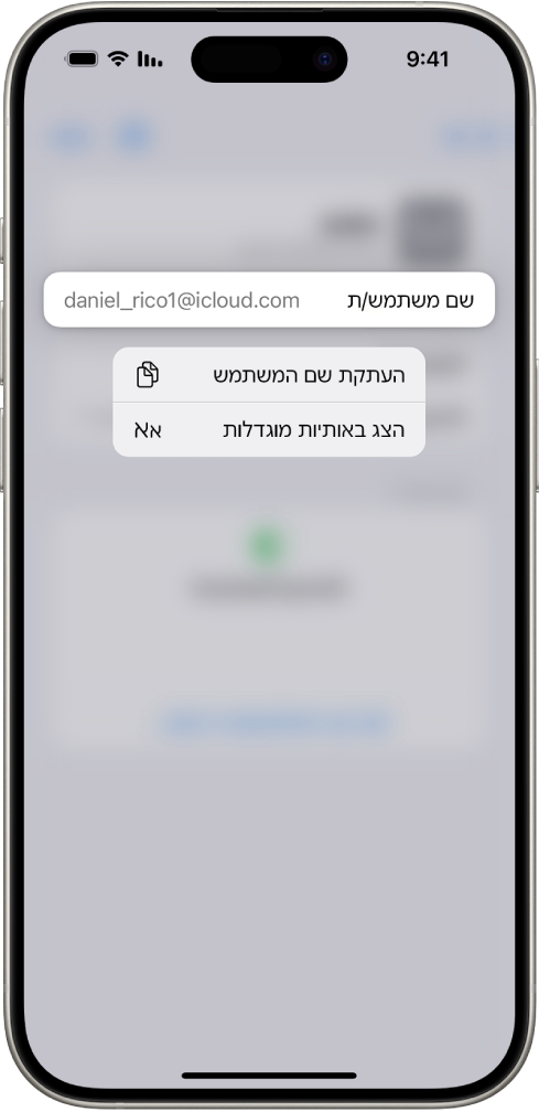 מסך של חשבון שמציג את שם המשתמש באופן מודגש ואת האפשרויות ״העתקת שם משתמש״ ו״הצגה באותיות מוגדלות״.