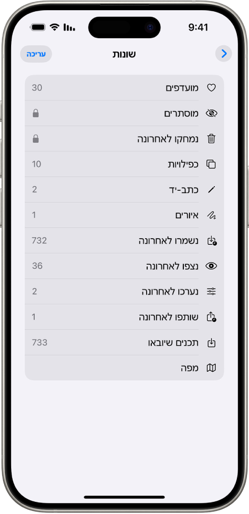 ביישום ״תמונות״, האוסף ״שונות״ פתוח ומציג רשימה של אוספי תמונות.
