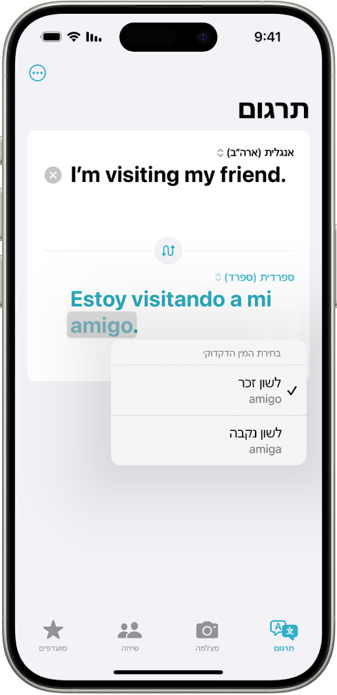 הכרטיסיה ״תרגום״ מציגה ביטוי שתורגם מאנגלית לספרדית ומתחתיו מילה עם מספר אפשרויות מגדר מודגשת באפור.
