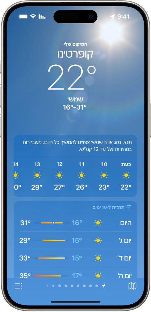 מסך ״מזג אוויר״ מציג, מראשית הדף לתחתית: את המיקום, הטמפרטורה הנוכחית, הטמפרטורות הגבוהות והנמוכות לאותו היום, התחזית השעתית ואת התחזית לעשרת הימים הבאים. שורת נקודות במרכז למטה מציגה כמה מיקומים מופיעים ברשימת המיקומים. בפינה הימנית התחתונה מוצג כפתור ״רשימת מיקומים״ ובפינה השמאלית התחתונה מוצג כפתור ״הצג מפה״.