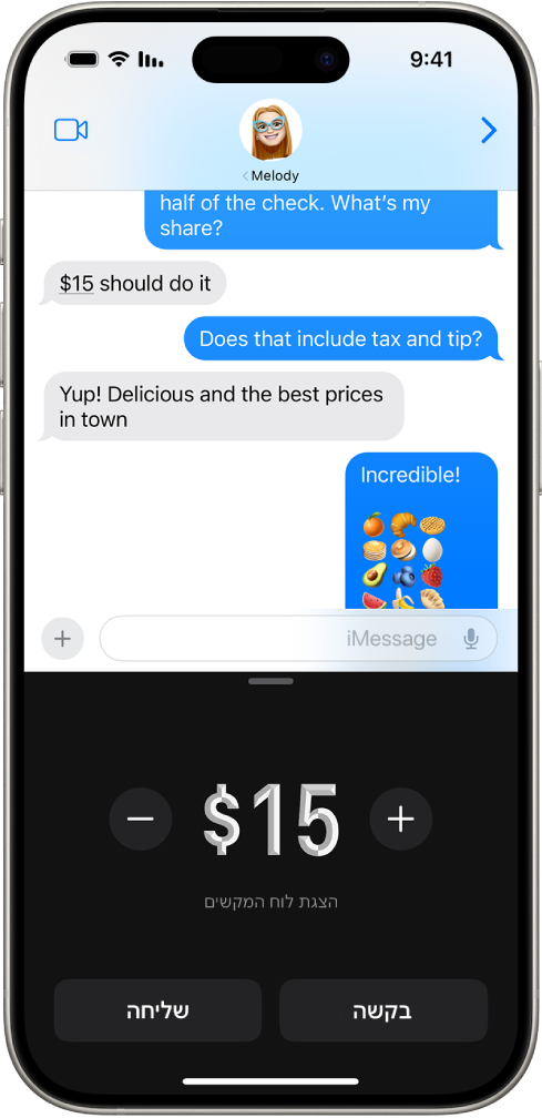 שיחת iMessage עם Apple Pay פתוח למטה.