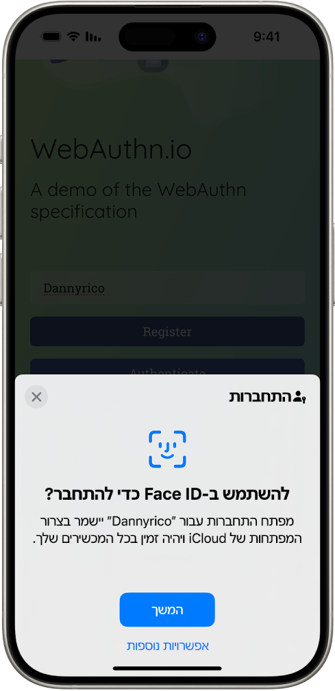 החצי התחתון של מסך ה-iPhone עם האפשרות להשתמש במפתחות התחברות כדי להיכנס לאתר. רואים כפתור ״המשך״ שלחיצה עליו שומרת את מפתח ההתחברות, וכפתור ״אפשרויות אחרות״.