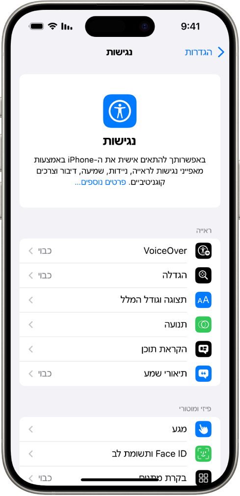 המסך ״נגישות״ ב״הגדרות״ מציג את התכונות המוכללות לתמיכה בתחומים ״ראייה״ ו״פיזי ומוטורי״. בגלילה מטה ניתן לראות את התכונות עבור ״שמיעה״, ״דיבור״ ו״כללי״.