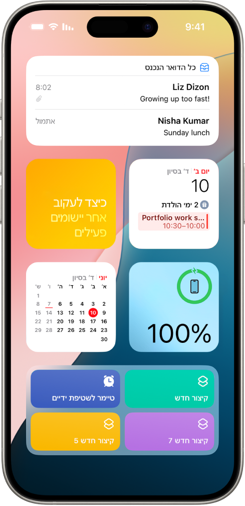 וידג׳טים שמופיעים בתצוגת ״היום״, כולל הווידג׳טים ״תזכורות״, ״תמונות״, ״סוללה״, ״לוח שנה״, ״טיפים״ ועוד.