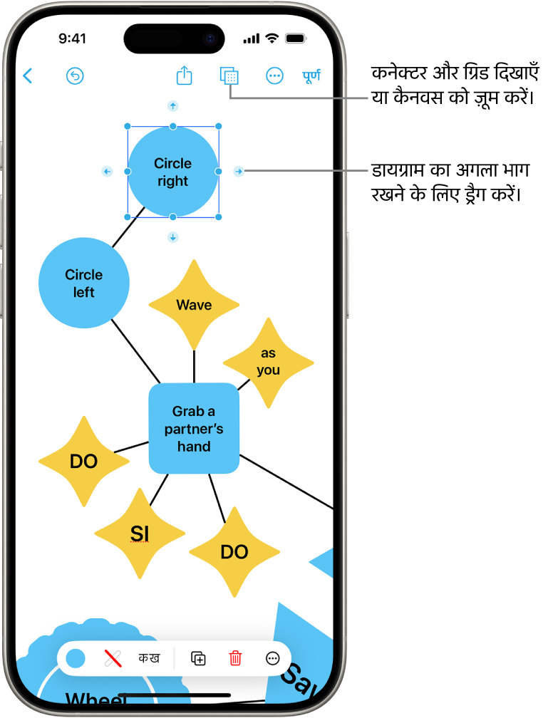 Freeform बोर्ड पर कोई डायग्राम, जिसमें चयनित आकृति पर कनेक्टर दिखाए गए हैं और स्क्रीन के नीचे आकृति फ़ॉर्मैटिंग टूल दिखाई दे रहे हैं।
