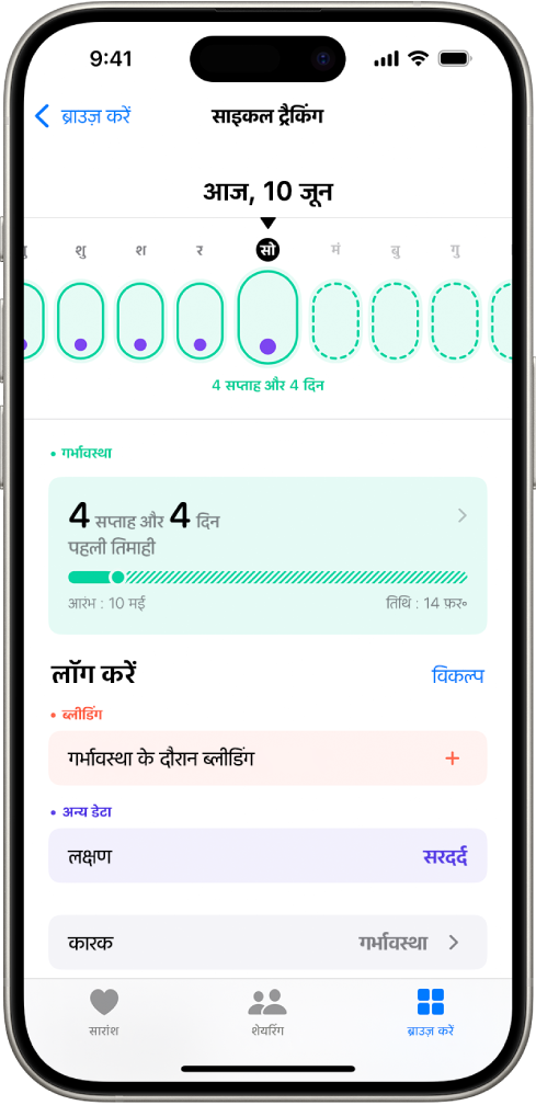 स्क्रीन के शीर्ष पर एक सप्ताह के लिए गर्भावस्था टाइमलाइन के साथ साइकिल ट्रैकिंग स्क्रीन। टाइमलाइन पर हल्का हरा ओवल और जामुनी डॉट पहले 5 दिनों को चिह्नित करते हैं। टाइमलाइन पर अन्य दिनों को डैश वाले हल्के हरे रंग के ओवल चिह्नित करते हैं। टाइमलाइन के नीचे गर्भावस्था सारांश मौजूद है, जिसमें गर्भकाल, आरंभ तिथि और अनुमानित डिलीवरी तिथि दिखाई गई है। गर्भावस्था सारांश के नीचे गर्भावस्था के दौरान ब्लीडिंग, लक्षण आदि के बारे में जानकारी जोड़ने के विकल्प हैं।