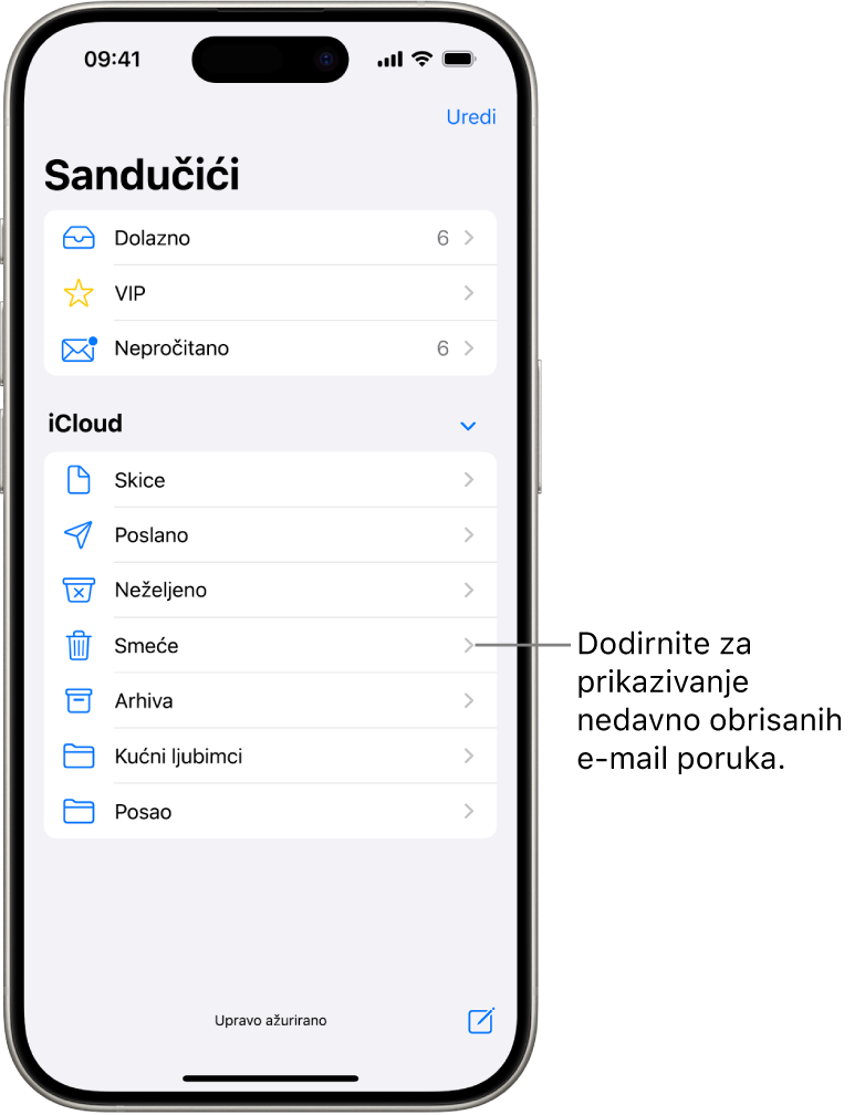 Zaslon Sandučića. Ispod opcije iCloud sandučići su na popisu odozgo prema dolje, uključujući sandučić Smeće. Dodirnite ga za prikaz nedavno obrisanih poruka.