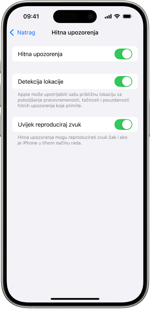 Zaslon Hitni alarmi, s uključenim opcijama Hitni alarmi, Detekcija lokacije i Uvijek reproduciraj zvuk.