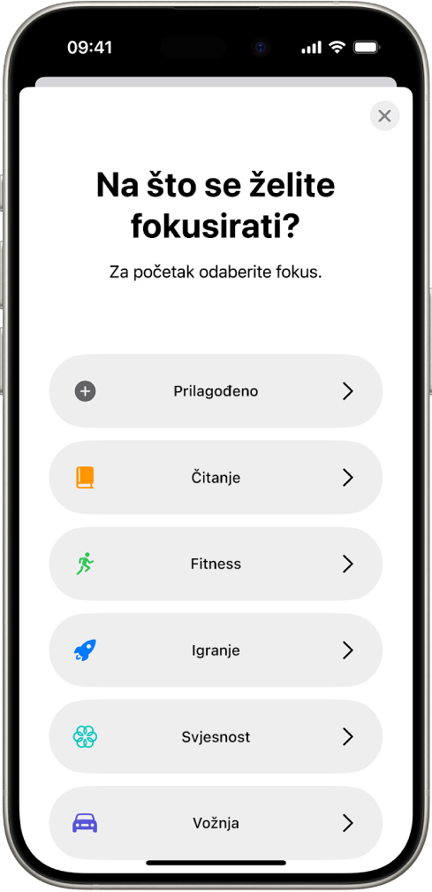 Zaslon za podešavanje fokusa za dodatne ponuđene opcije fokusa, uključujući Prilagodi, Vožnja, Fitness, Igranje, Svjesnost i Čitanje.