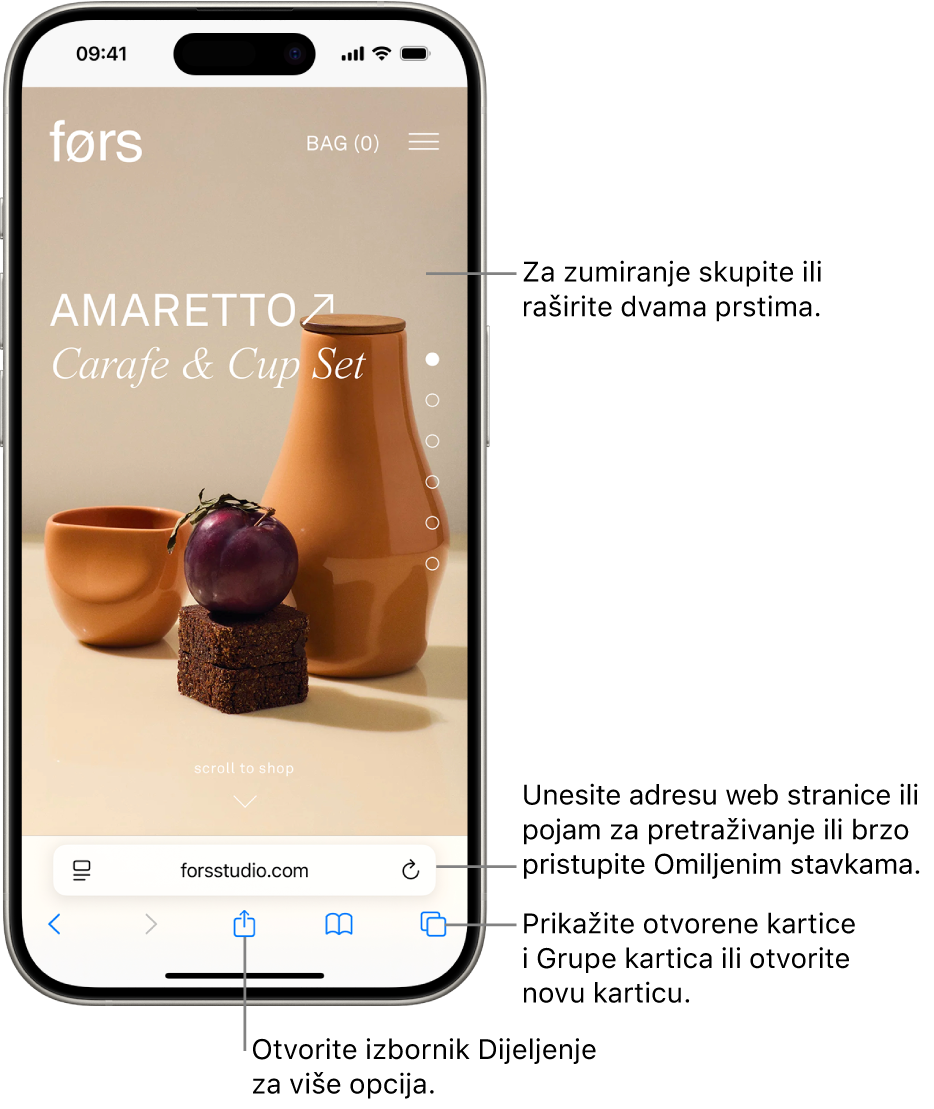 Web stranica otvorena u pregledniku Safari, s poljem za adresu na dnu. Na dnu, slijeva nadesno, nalaze se tipke Unatrag, Unaprijed, Dijeli, Knjižne oznake i Kartice.