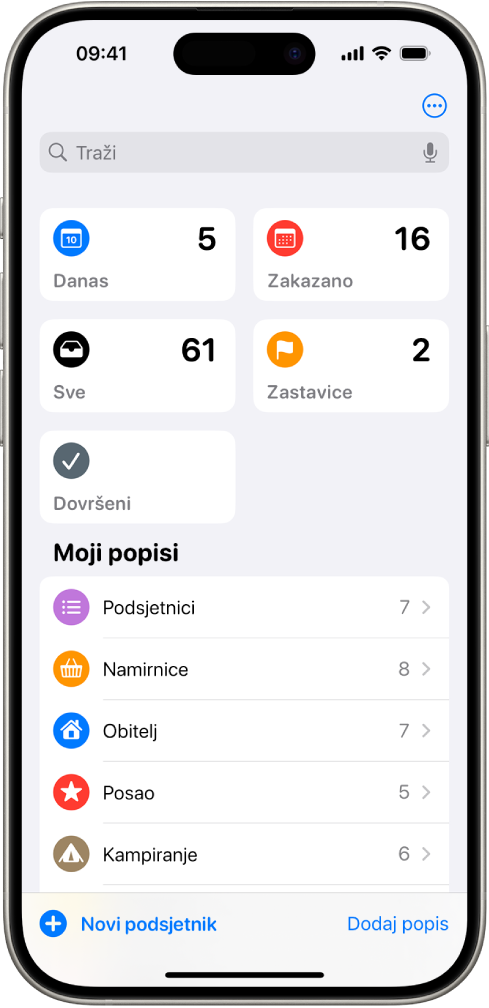 Na zaslonu aplikacije Podsjetnici prikazuju se pametni popisi pri vrhu i regularni popisi ispod.