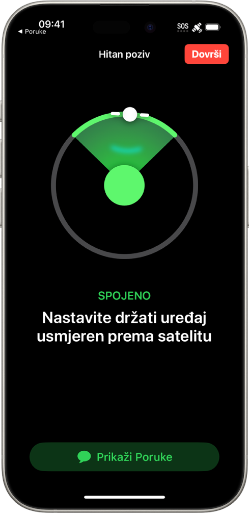 Zaslon Hitnog poziva prikazuje da je telefon spojen i daje upute korisniku da i dalje bude usmjeren prema satelitu. Tipka Prikaži poruke nalazi se na dnu zaslona.
