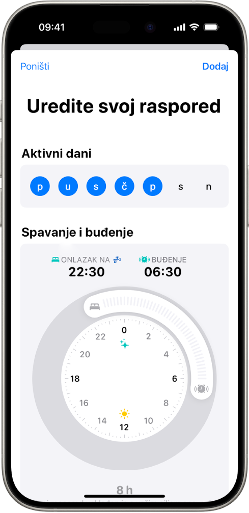 Zaslon opcije Podesite svoj prvi raspored u aplikaciji Zdravlje s odabranim odjeljkom Aktivni dani i satom za Vrijeme spavanja i Buđenjem.