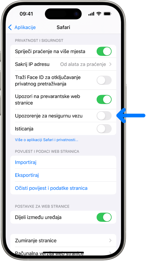 Kontrola Upozorenje za nesigurnu vezu koja se nalazi ispod opcije Privatnost i sigurnost na zaslonu Safari u Postavkama.