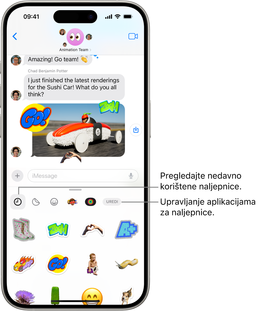 Naljepnice se prikazuju ispod razgovora. Svaka tipka na vrhu kartice otvara paket naljepnica.