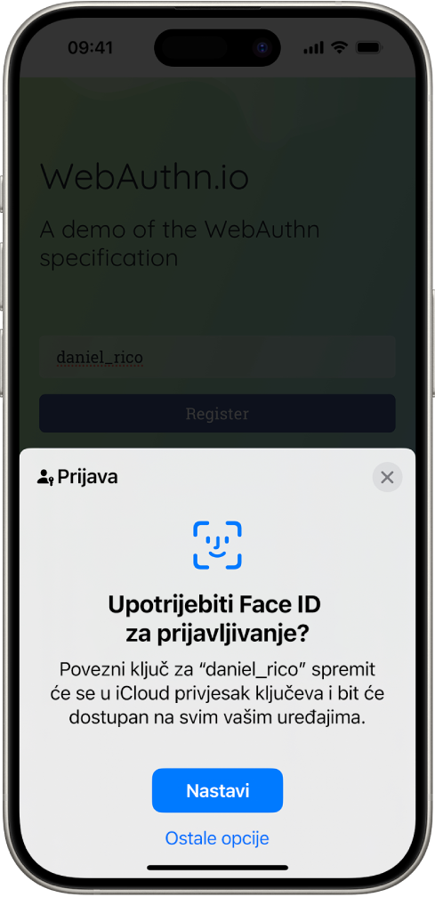 Zaslon za prijavu koji se pojavljuje kada se povezni ključ spremi za račun. Tipke Nastavi i Ostale opcije nalaze se na dnu zaslona.