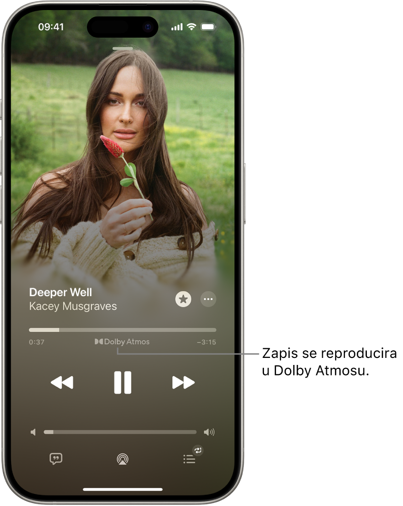 Zaslon Trenutačna reprodukcija prikazuje ikonu Dolby Atmos za zapis koji se reproducira.