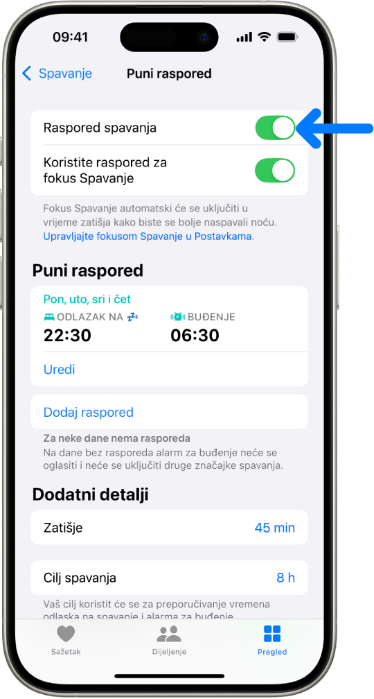 Zaslon za spavanje Puni raspored u aplikaciji Zdravlje s uključenim Rasporedom spavanja pri vrhu.