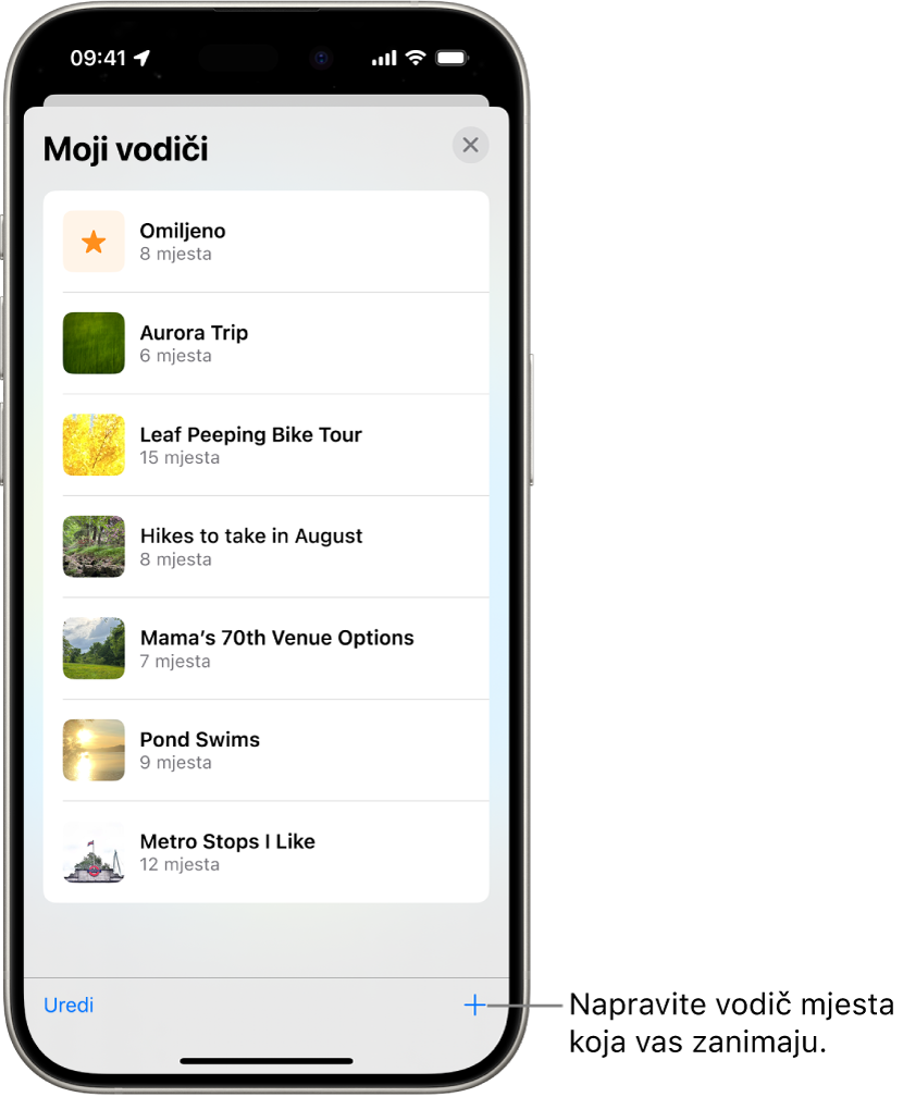 Popis nekoliko prilagođenih vodiča u aplikaciji Karte, uključujući kategoriju Omiljeno i tipku Novi vodič pri dnu desno.