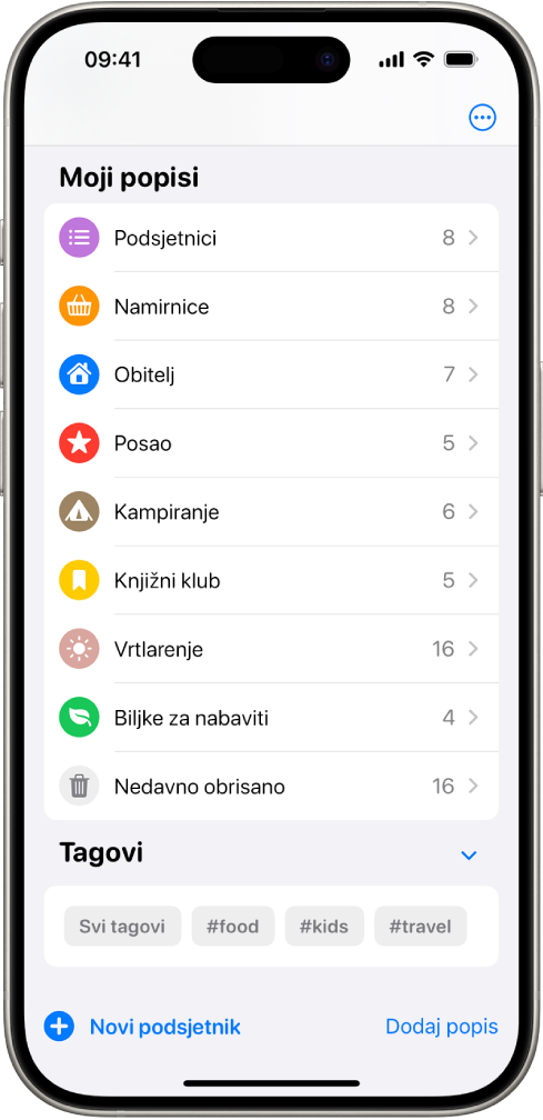Na zaslonu aplikacije Podsjetnici prikazuje se više popisa i Preglednik tagova na dnu.