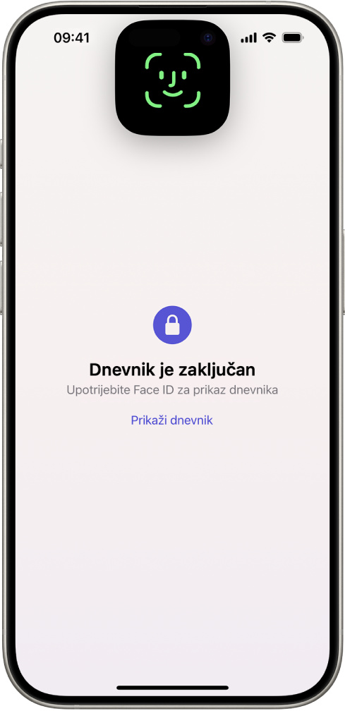 Zaslon koji vas traži da Face ID-jem otključate svoj dnevnik.