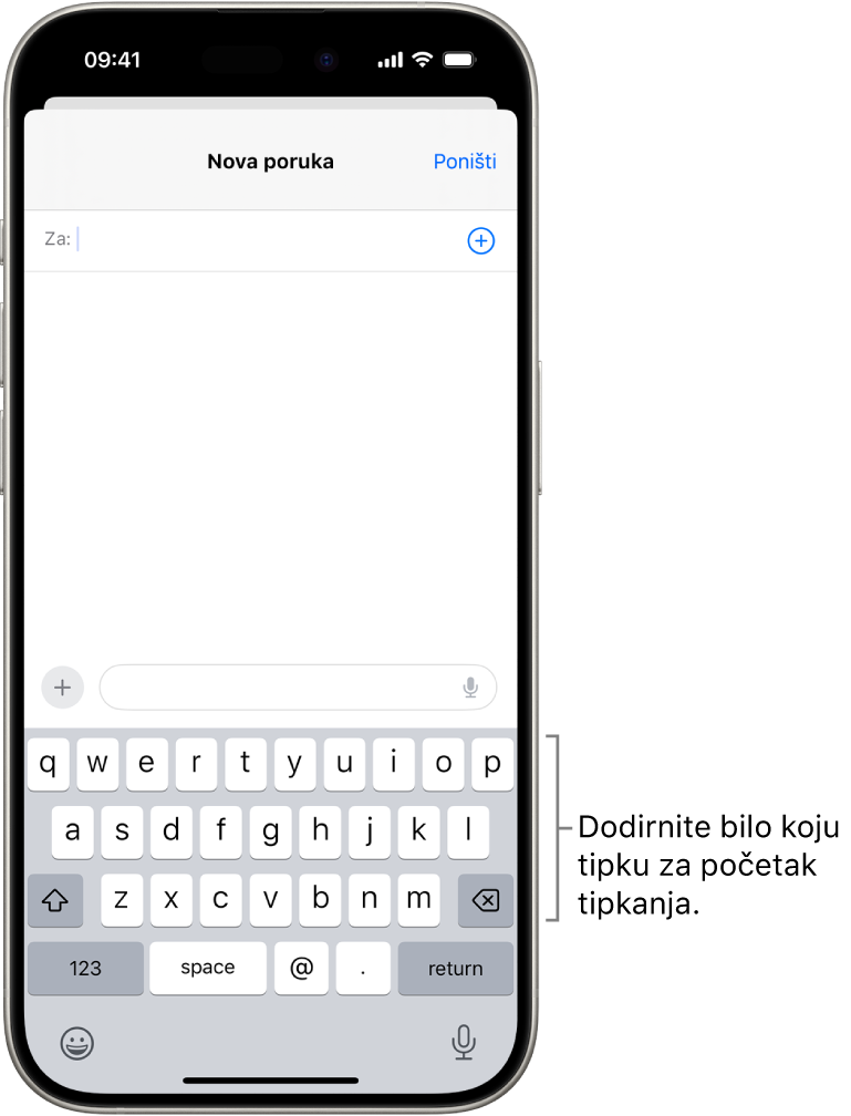 U aplikaciji Mail otvoren je prazan e-mail. Zaslonska tipkovnica nalazi se u donjoj polovici zaslona.