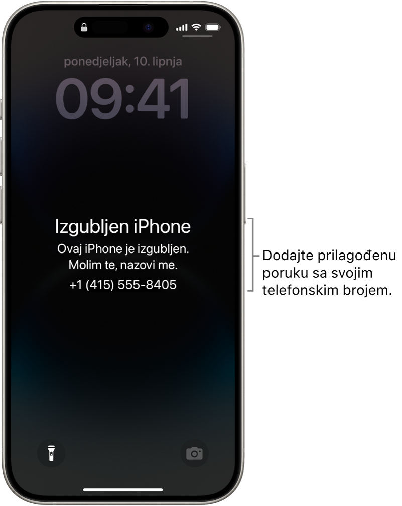 Zaključani zaslon iPhonea s porukom o izgubljenom iPhoneu: Možete dodati vlastitu poruku sa svojim brojem telefona.