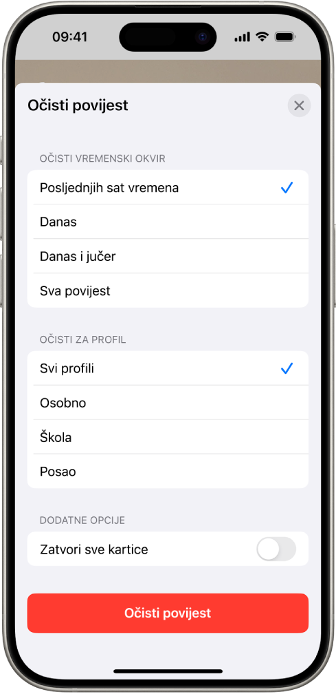 Izbornik Očisti povijest. Ispod Očisti vremenski okvir odabrana je opcija Posljednjih sat vremena. Svi profili su odabrani ispod Očisti za profil. Tipka Očisti povijest nalazi se na dnu zaslona.