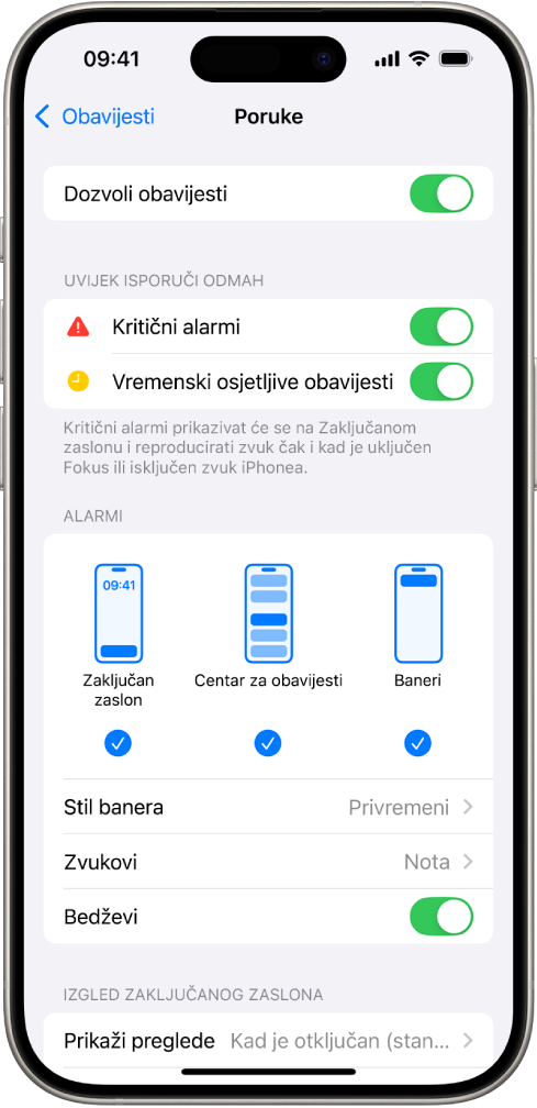 iPhone s postavkama Poruka za obavijesti i upozorenja.
