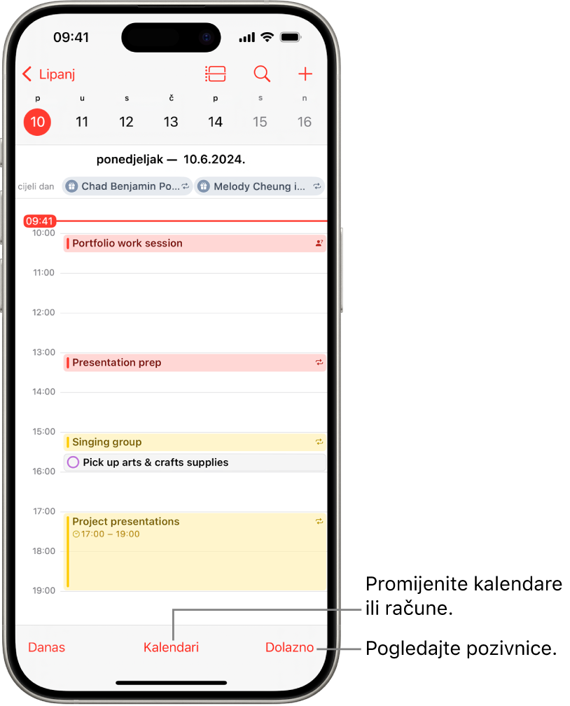 Kalendar u dnevnom prikazu pokazuje dnevne događaje. Tipka Kalendara nalazi se u donjem središnjem dijelu zaslona, a tipka Ulazna pošta nalazi se u donjem desnom dijelu.