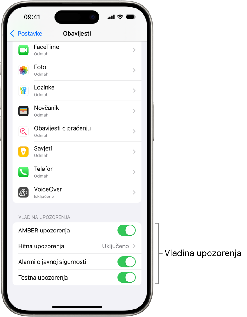 Zaslon Obavijesti prikazuje Vladina upozorenja koja možete uključiti za primanje vladinih upozorenja.