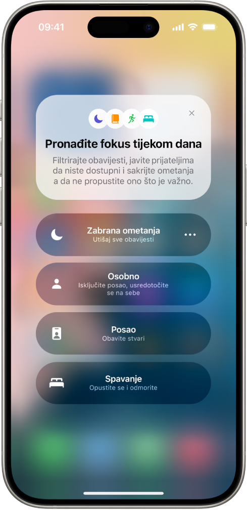 Kontrolni centar prikazuje opcije fokusa, s tipkama za podešavanje trajanja opcija fokusa.