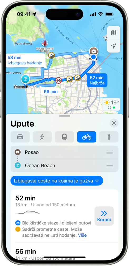 Karta prikazuje opcije biciklističke rute. Kartica rute na dnu sadrži detalje, uključujući procijenjeno vrijeme putovanja, promjene nadmorske visine i vrste cesta. Tipka Idi prikazuje se s desne strane detalja.