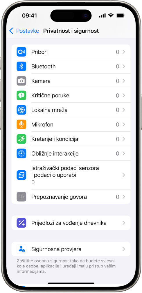 Zaslon Privatnost i sigurnost, s postavkama za upravljanje mogu li aplikacije koristiti kameru, mikrofon i druge dijelove vašeg iPhonea.