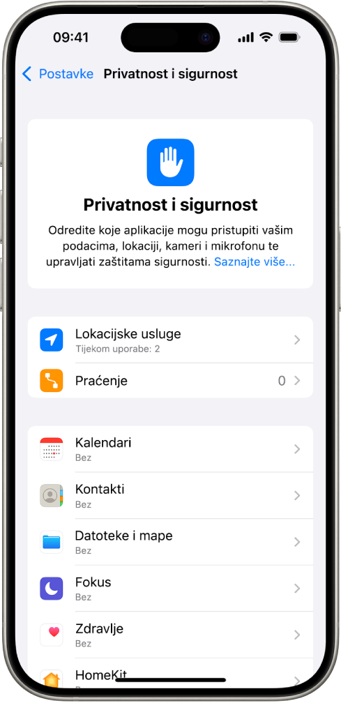 Zaslon Privatnost i sigurnost u Postavkama.