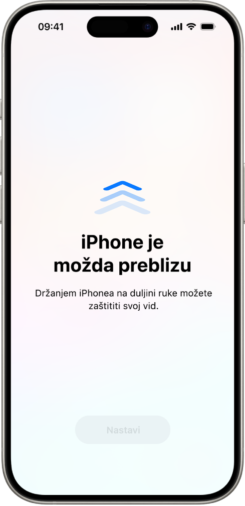 Zaslon s upozorenjem da iPhone držite preblizu i trebali biste ga odmaknuti radi zaštite vida. Upozorenje prekriva zaslon, sprječavajući vas da nastavite. Tipka Nastavi postaje aktivna kada iPhone odmaknete na sigurnu udaljenost.