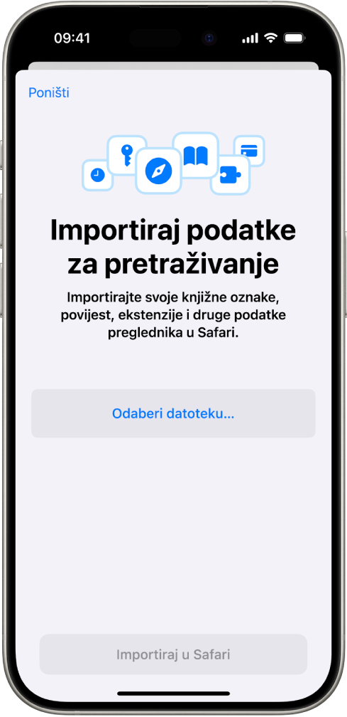 Zaslon Importiraj podatke za pretraživanje prikazuje podatke iz drugog preglednika koji će se importirati u Safari.