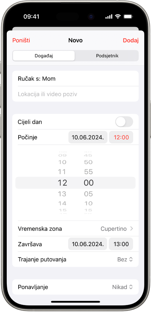 Događaj kalendara s prikazom postavki za vrijeme i vremensku zonu događaja.