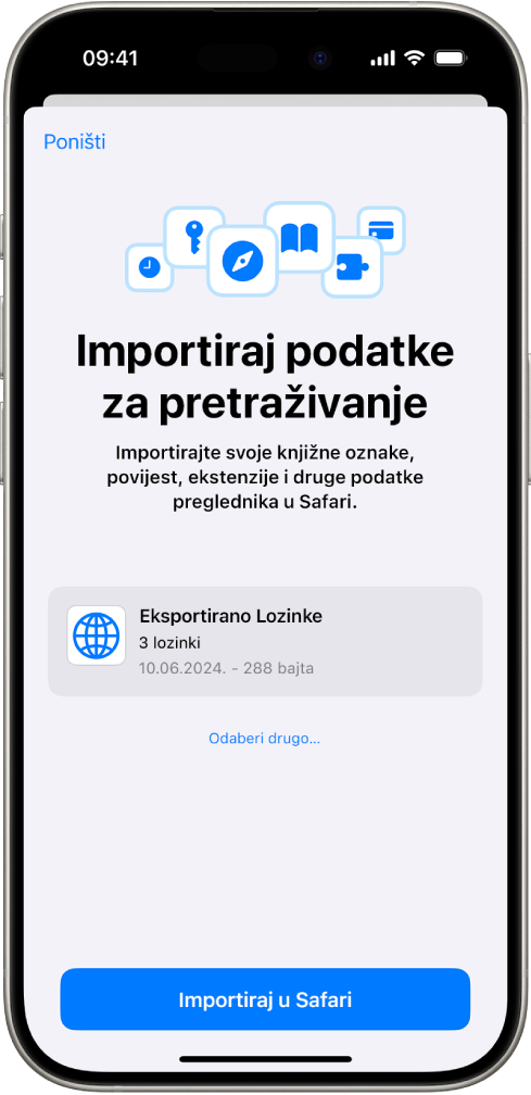 Zaslon Importiraj podatke za pretraživanje prikazuje CSV datoteku lozinki iz drugog upravitelja lozinki koja će se importirati.