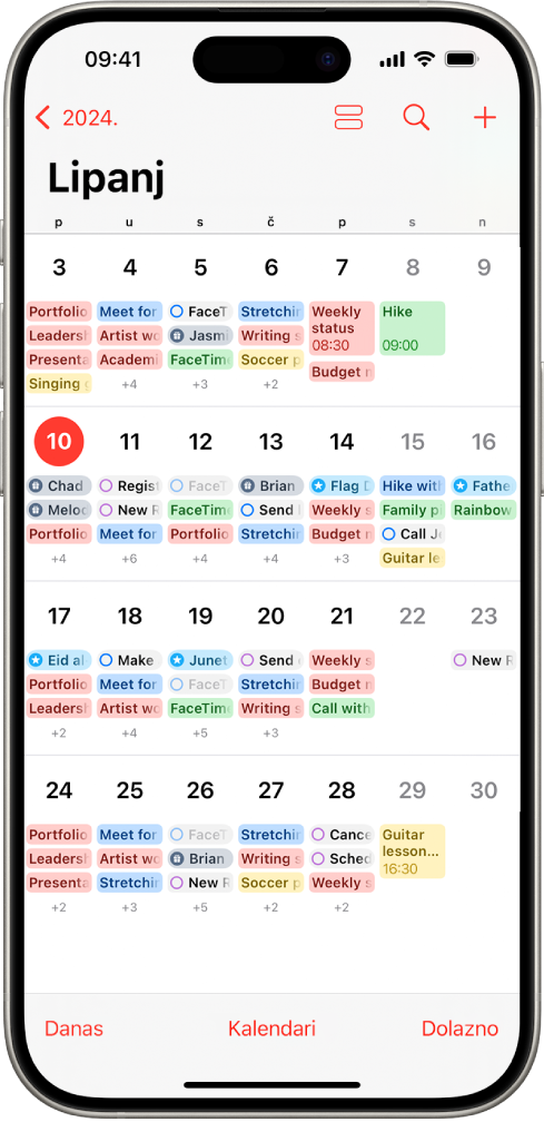Kalendar u prikazu Mjesec s prikazom događaja i podsjetnika.
