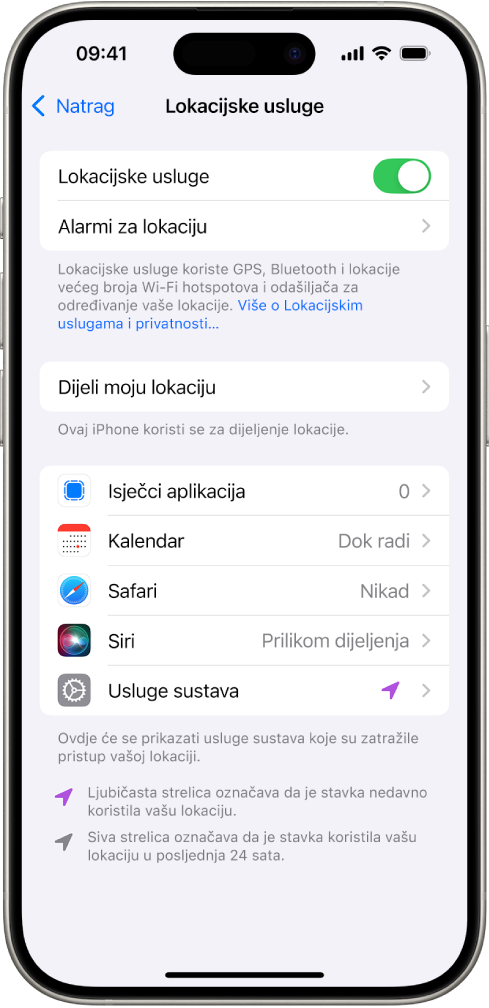 Zaslon Lokacijske usluge, s postavkama za dijeljenje lokacije vašeg iPhonea s aplikacijama