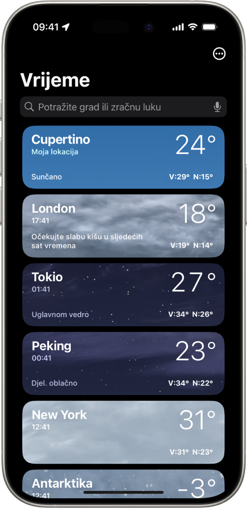 Zaslon Vremenske prognoze koji prikazuje popis gradova s trenutačnim vremenom, temperaturom, prognozom te visokim i niskim temperaturama. Pri vrhu zaslona nalazi se polje za pretraživanje, a u gornjem desnom kutu tipka Više.