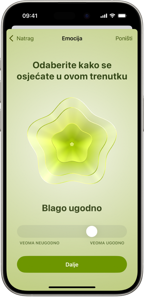 Zaslon u aplikaciji Zdravlje u kojem se utvrđuje trenutačno raspoloženje kao Lagano ugodno. Pri dnu zaslona nalazi se kliznik za prilagodnu razine emocije.