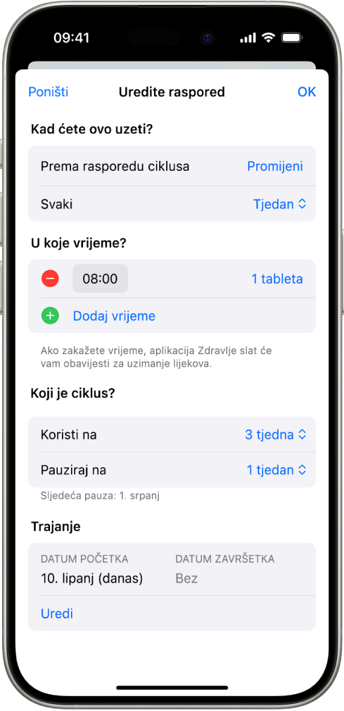 Zaslon Lijekovi u aplikaciji Zdravlje prikazuje opcije za promjenu rasporeda lijeka.