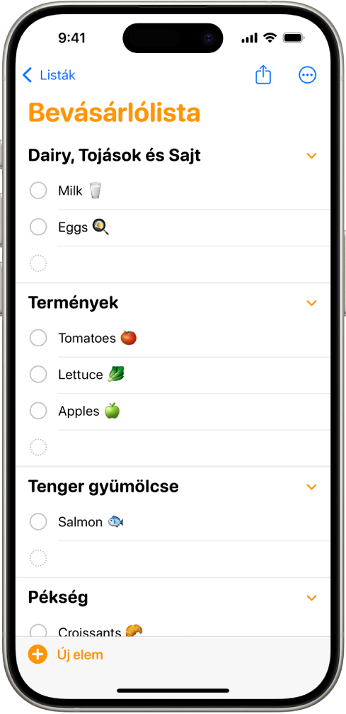 Az Emlékeztetők appban egy bevásárlólista látható amelyben a tételek olyan kategóriákba vannak rendezve mint Zöldség-gyümölcs és Tenger gyümölcsei.