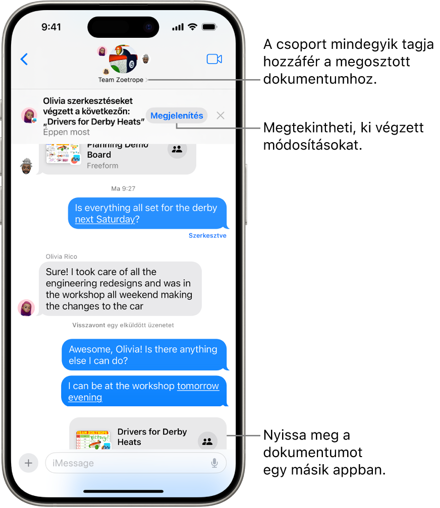 Csoportos beszélgetés az Üzenetek appban egy együttműködésre szóló meghívással, illetve a beszélgetés ablakának tetején a frissítésekkel.
