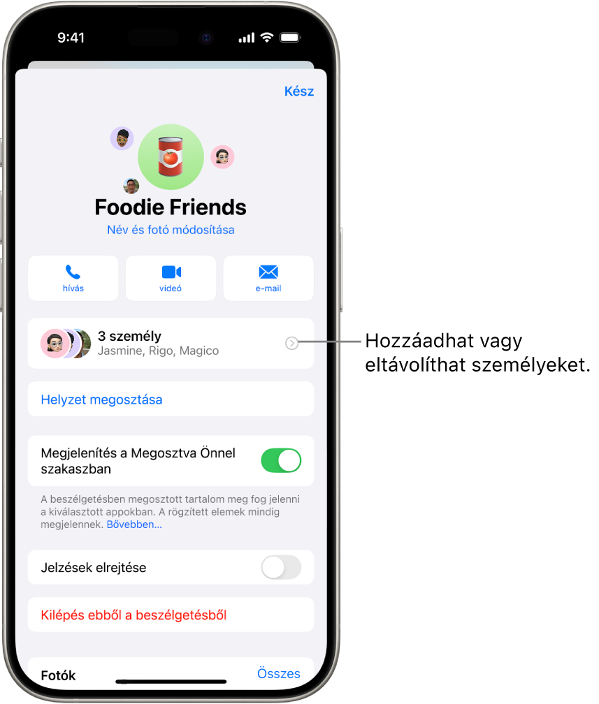 Egy csoportos beszélgetés részletei.