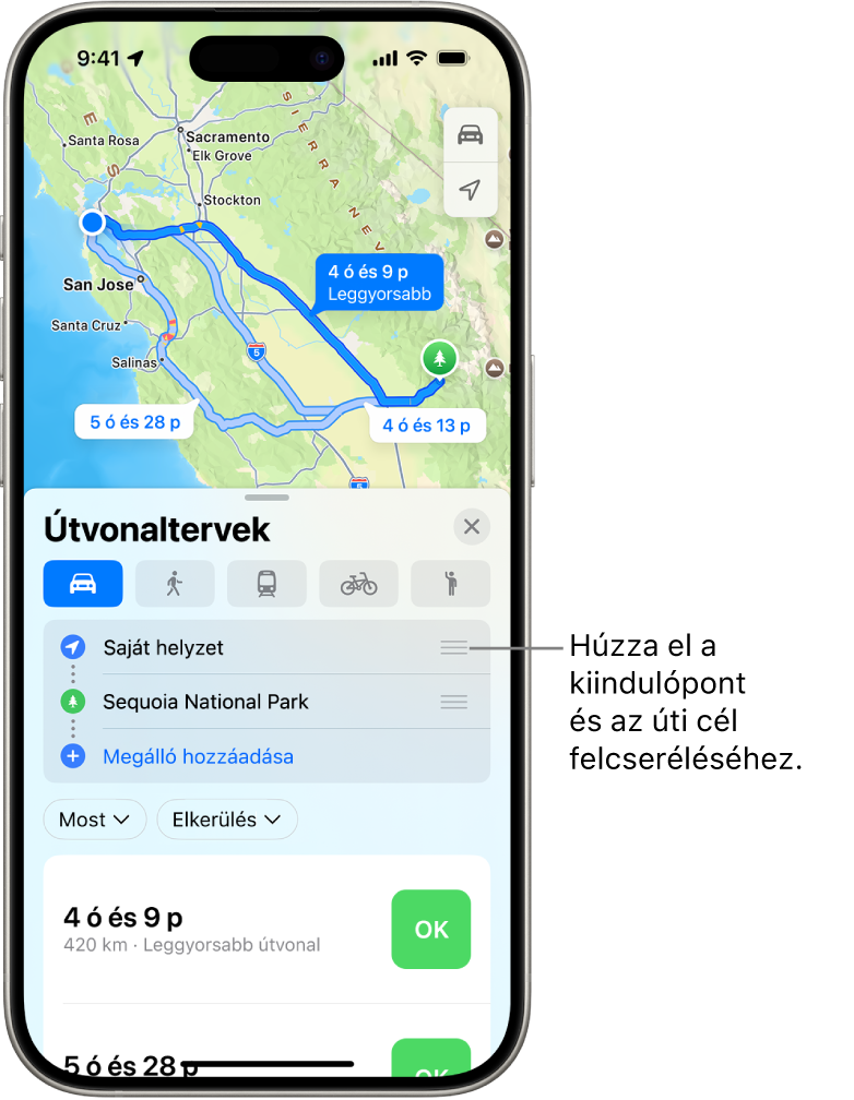 Egy térkép számos lehetséges autós útvonaltervvel a Saját helyzetem és egy úti cél között.