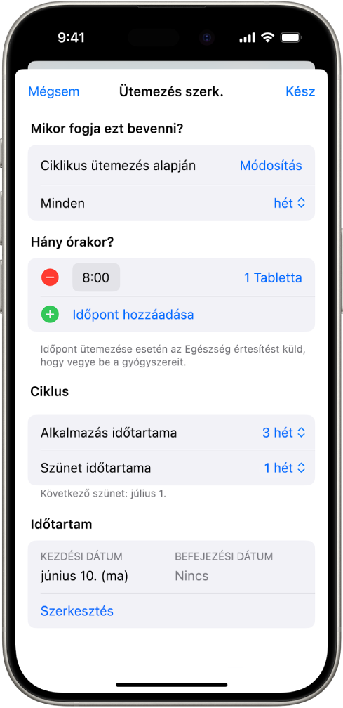 A Gyógyszerek képernyő az Egészség appban különféle opciókkal, amelyek lehetővé teszik a gyógyszerszedés ütemezésének módosítását.